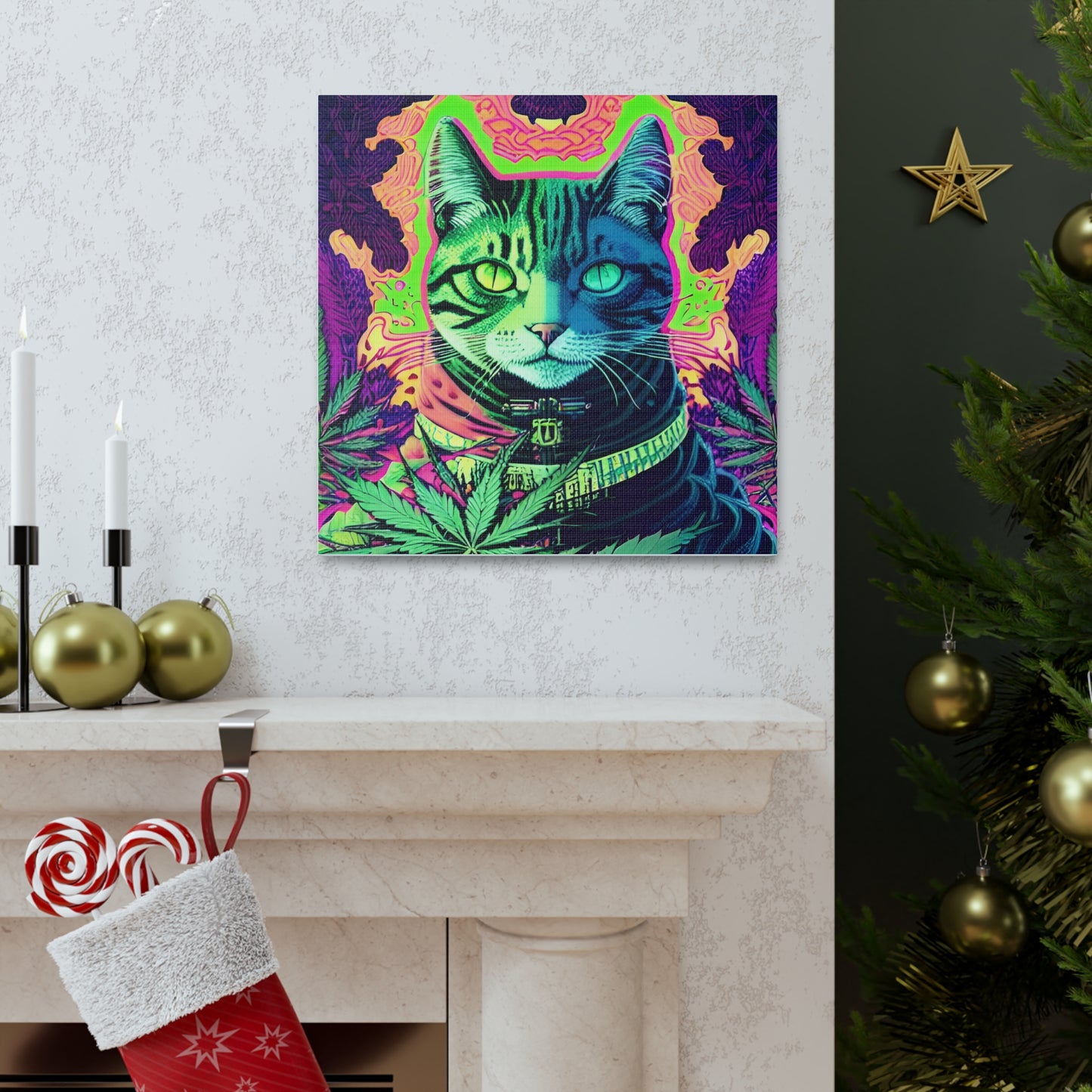 Cannabis Cat Wall Art No. 4 - Square 16" x 16" Canvas Wall Art Gift A Whimsical Fusion of Nature and Playfulness!