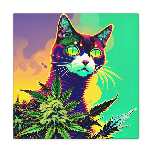 Cannabis Cat Wall Art No. 3 - Square 16" x 16" Canvas Wall Art Gift Whiskers & Weed - A Playful Celebration of Cannabis Culture!