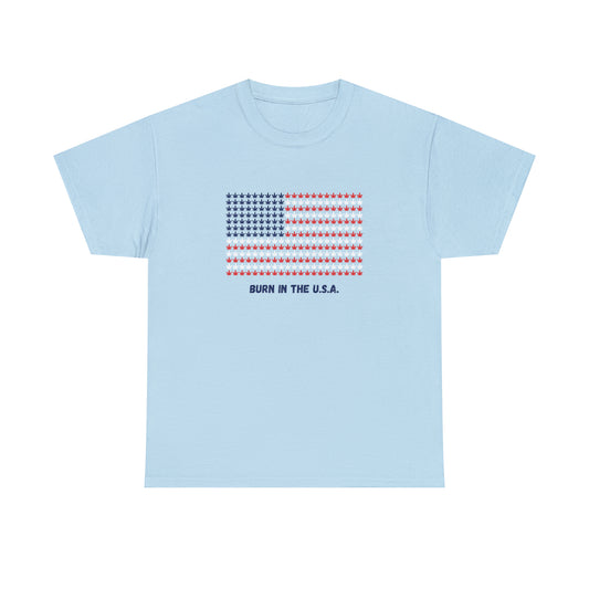 Burn in the USA T-Shirt (Light Blue) with Red White & Blue Mini Cannabis Leaf Flag Graphic -  Ignite Your Style with 420 Patriotic Pride!