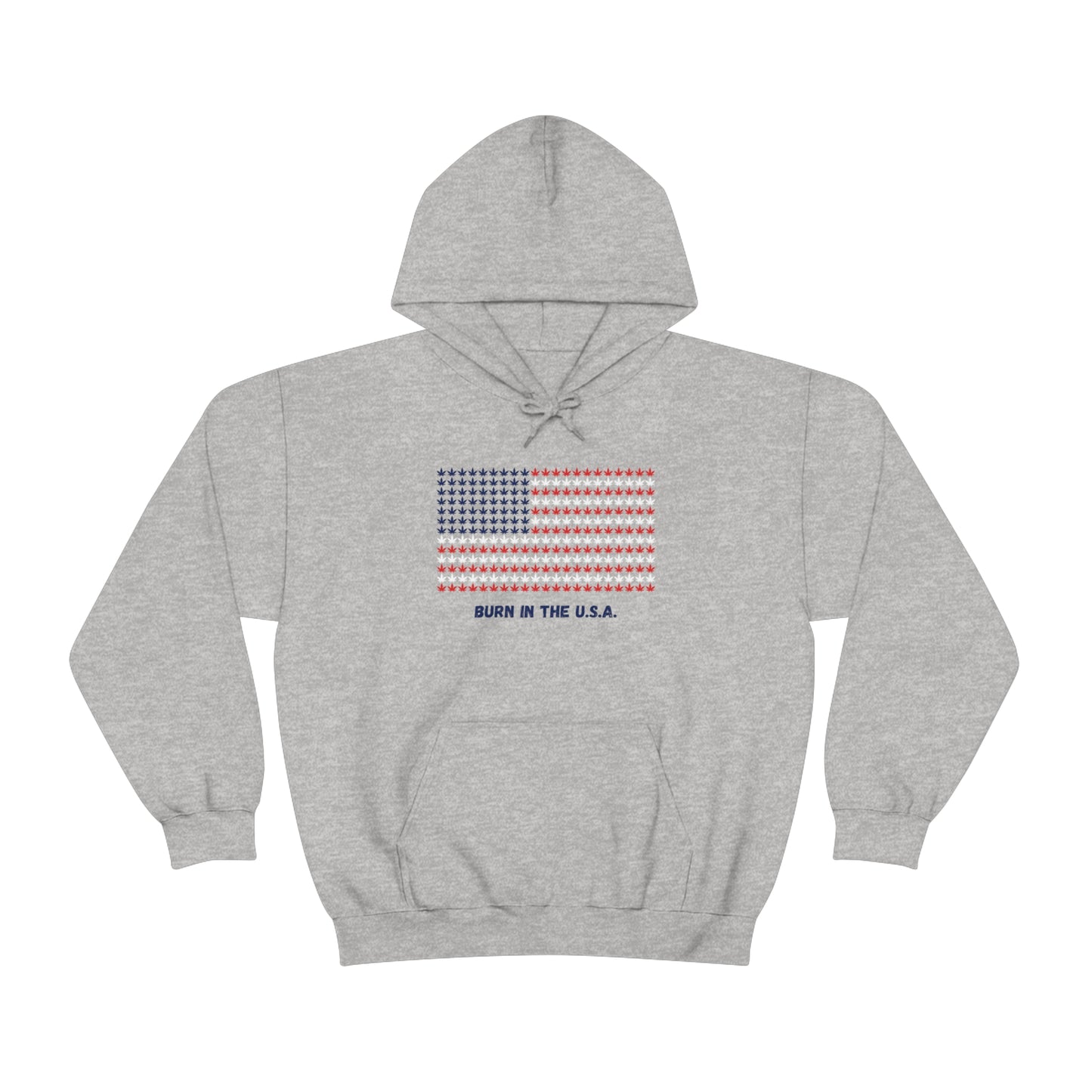 Burn in the USA Hoodie (Grey) with Red White & Blue Mini Cannabis Leaf Flag Graphic -  Ignite Your Style with 420 Patriotic Pride!