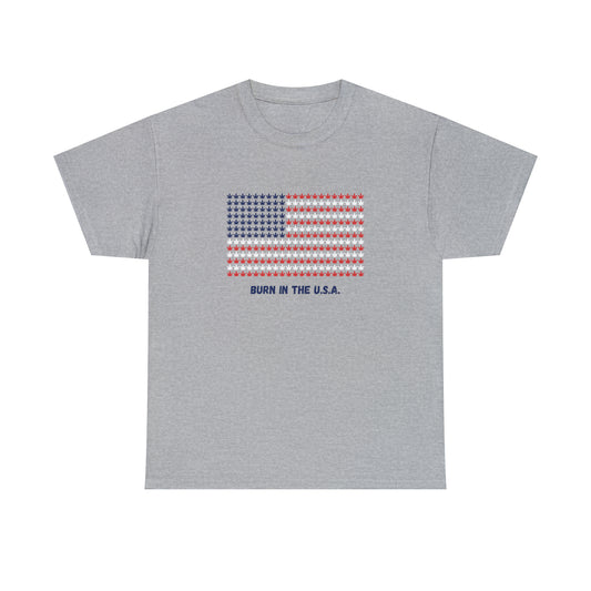 Burn in the USA T-Shirt (Grey) with Red White & Blue Mini Cannabis Leaf Flag Graphic -  Ignite Your Style with 420 Patriotic Pride!