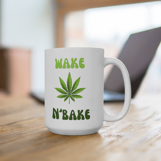 Wake N' Bake Coffee Mug No. 1 - White 15 oz. Cannabis Leaf Beverage Gift Mug for a Relaxing Start to the Day!