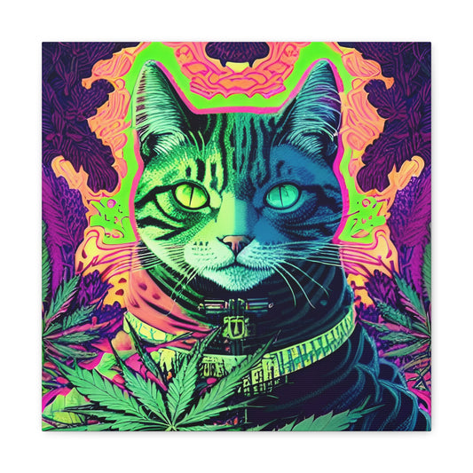 Cannabis Cat Wall Art No. 4 - Square 16" x 16" Canvas Wall Art Gift A Whimsical Fusion of Nature and Playfulness!
