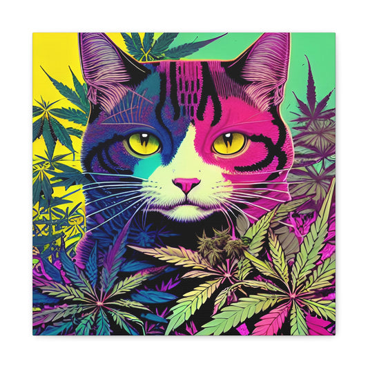 Cannabis Cat Wall Art No. 1 - Square 16" x 16" AI-Generated Feline-Inspired 420 Wall Hanging A Whimsical Fusion of Nature and Joy!