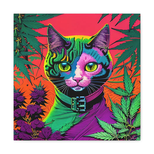 Cannabis Cat Wall Art No. 2 - Square 16" x 16" Canvas Wall Art Gift Print - A Whimsical Delight for Cannabis Enthusiasts!