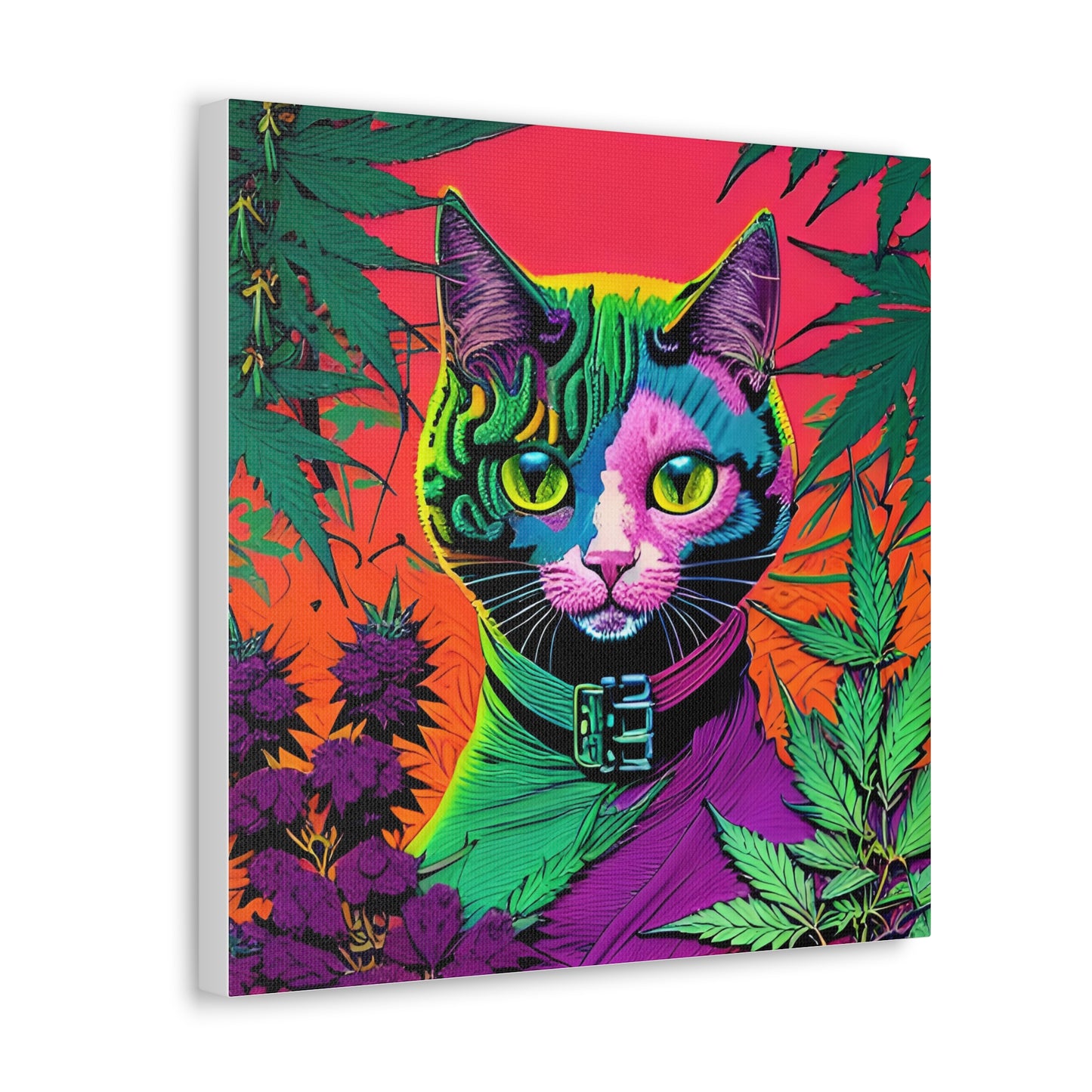 Cannabis Cat Wall Art No. 2 - Square 16" x 16" Canvas Wall Art Gift Print - A Whimsical Delight for Cannabis Enthusiasts!