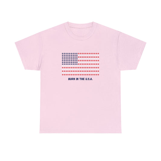 Burn in the USA T-Shirt (Light Pink) with Red White & Blue Mini Cannabis Leaf Flag Graphic -  Ignite Your Style with 420 Patriotic Pride!